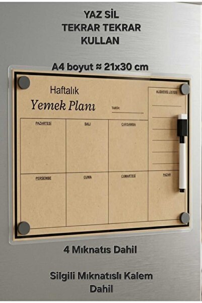 URDE A4 Yaz Sil Haftalık Yemek Planı ve Alışveriş Listesi Magnet– Buzdolabı İ...
