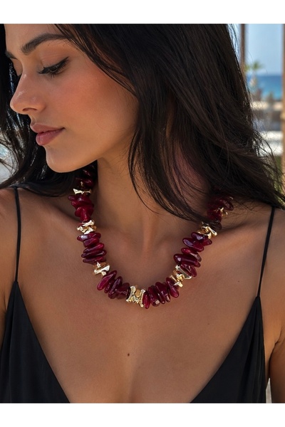 Twinssis Accessories Natural Stone Look Burgundy Gold Bone Detailed Necklace