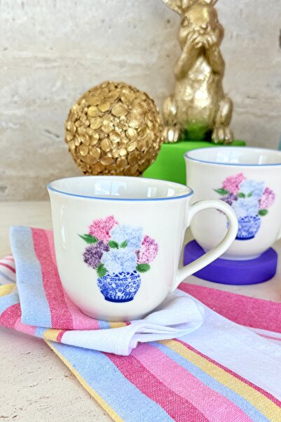 porselenden Ortanca Set of 2 Premium Porcelain Blue Pink Floral Patterned Mugs