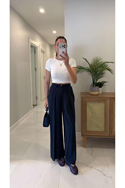 BİRCANÇİL Freda tamnoplave plisirane tencel pantalone