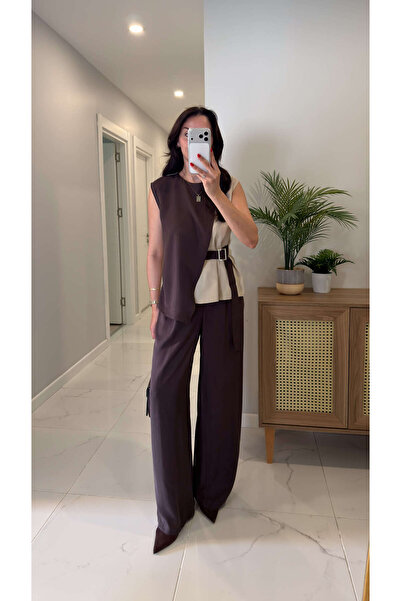 BİRCANÇİL Liya Coffee Beige Garnished Belted Suit