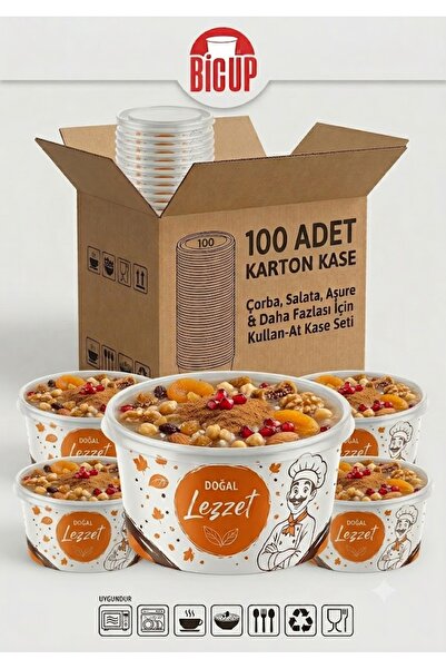 BiCUP 100 Adet Kapaklı Karton Kase Çorba Salata Aşure Yemek Kasesi Piknik Tab...