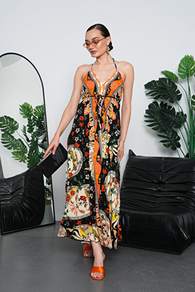 NAVY Long Oversized Dress with Halter Neck Detail and Backless Slit