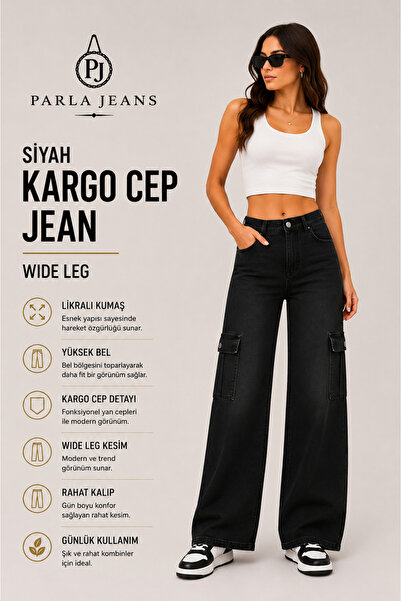 Parla Jeans بنطلون جينز نسائي أسود مريح من الليكرا بجيوب واسعة الساق وعالية ا...