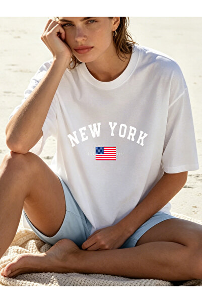 Fleck Womens T Shirts New York Usa Flag Print Casual Loose Fit Summer Basic Top