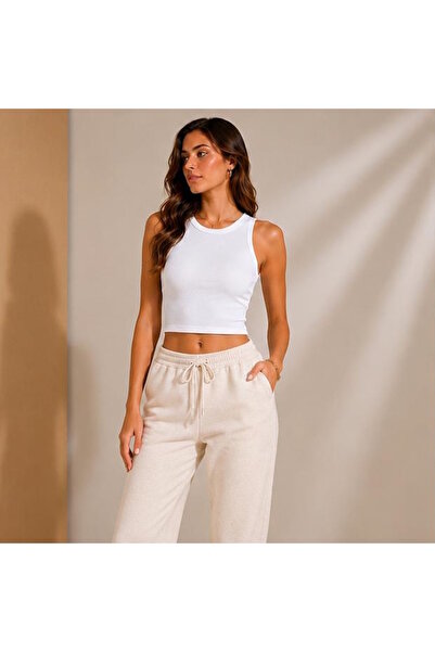 west club Kadın Beyaz Bisiklet Yaka Fitilli Crop Top