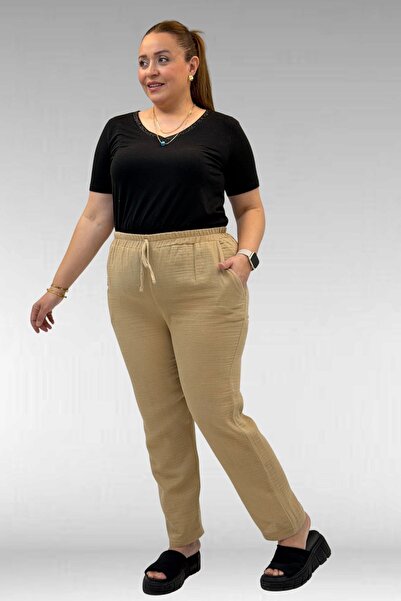 Eslina 59020 Large Size Elastic Waist Muslin Narrow Leg Trousers - Mink