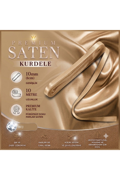 edalle Bej Saten Kurdele 1 Cm 10 Metre, Özel Gün Hediye Süsleme Kurdelesi