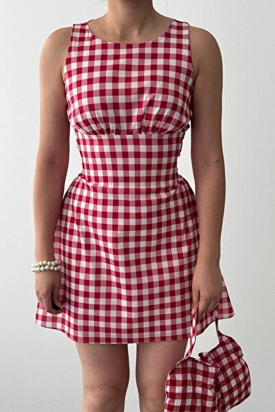 Femistik Women's Yujas Tie-Waist Plaid Poplin Casual Stylish Summer Mini Dress