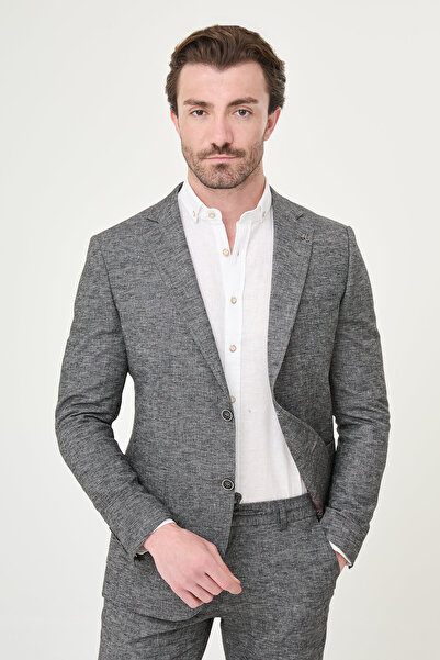 Mcr Gray Slim Fit Mono Collar Trousers Drawstring Linen Men's Suit Black - 45...