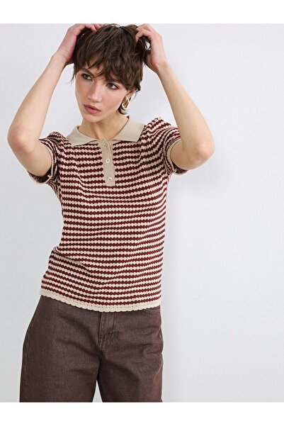 LC Waikiki Soulife Burgundy Polo Collar Patterned Women's Knitwear Sweater