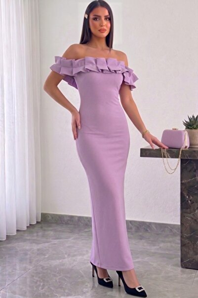 Aysan Moda Staraplez Gathered Filled Full Lycra Event Dress with Low-Cut Detail