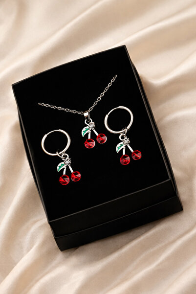 THE Steel Red Crystal Stone Cherry Figured Pendant Hoop Earring Set - Silver