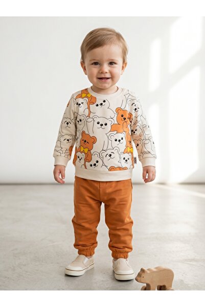 DaphKids Erkek Bebek 2'li Takım Köpek Desenli Sweatshirt & Eşofman Altı 3-12 Ay - Kiremit
