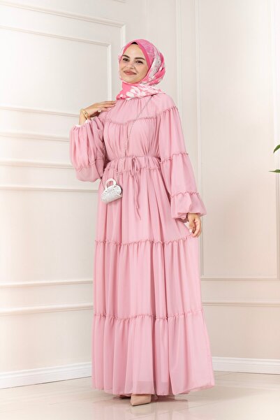 Sevitli Magnolia Chiffon Dress with Peacock Detail-Pink