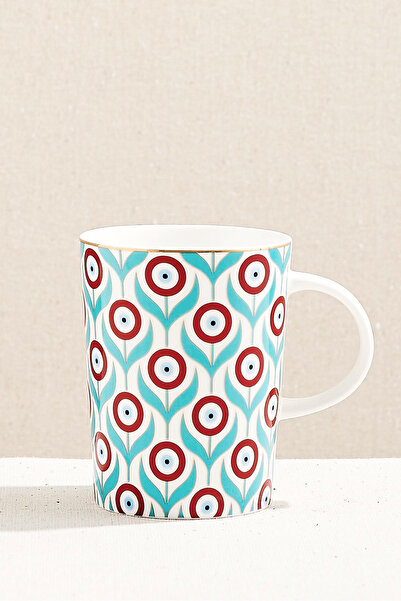 Paşabahçe Nazar Çiçeği Porcelain Mug Turquoise White, Stylish Design
