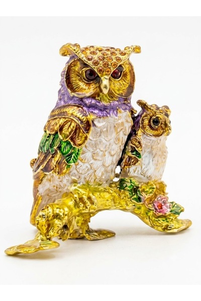 ZARORA Owl Family Trinket Box, Enamel and Crystal Figurine, Mother and Owlet ...