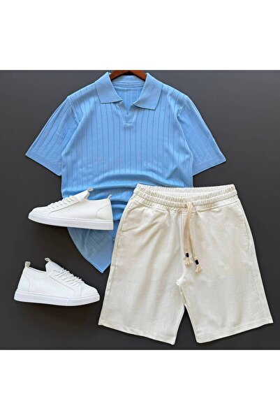 Beylerce Nurse Collar Knitwear T-Shirt + Raw Linen Shorts 2-Piece Combination