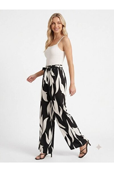 520CK Women's Black and White Wide-Leg Summer Trousers - Plazzo Pants