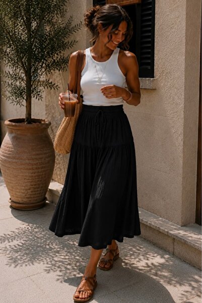 bb butik basic 100% Cotton Muslin Fabric Midi Skirt – Elastic Waist with Tie ...