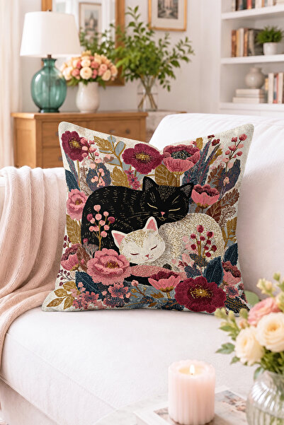 Home Uyuyan Siyah ve Beyaz Kedi ile Çiçek Desenli Kırlent Kılıfı - Renkli Vin...