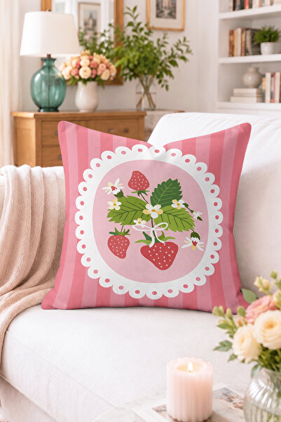 Home Çilek ve Çiçek Desenli Dantel Çerçeveli Pembe Çizgili Kırlent Kılıfı - R...