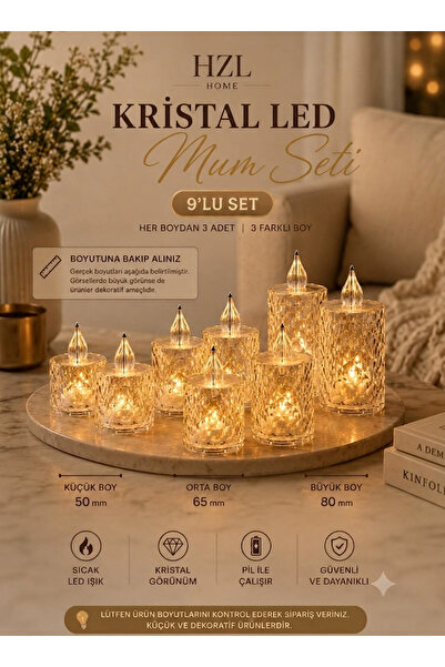HZL HOME Kristal Tasarım 9'lu Led Mum Seti - Warm Işık Pilli Dekoratif Mum