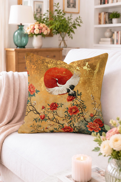 Home Japon Turna Kuşu ve Kırmızı Güneş Desenli Kırlent Kılıfı - Çiçekli Vinta...