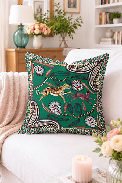 Home Leopar ve Maymun Figürlü Yeşil Kırlent Kılıfı - Tropikal Çiçek Desenli D...