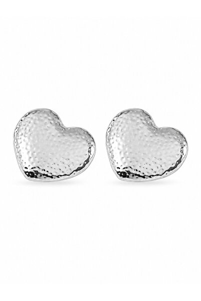 serelya Brass Silver Color Engraved Detailed Heart Model Women's Earrings