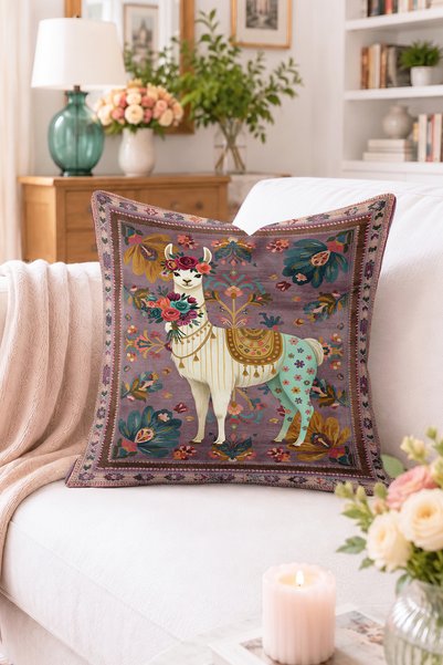 Home Çiçek Taçlı ve Buketli Lama Desenli Kırlent Kılıfı - Mor Zeminde Bohem D...