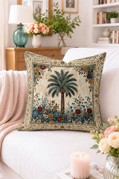 Home Palmiye Ağacı ve Çiçek Bahçesi Desenli Kırlent Kılıfı - Vintage Botanik ...
