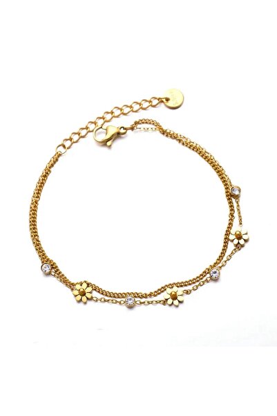 Nevara Women's Double Layered Flower & Zirconia Bracelet - Stainless Steel - ...