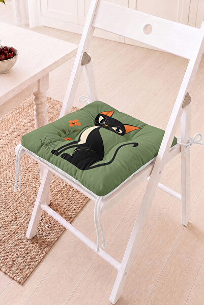 Home Siyah Kedi ve Çiçek Desenli Pofidik Sandalye Minderi - Haki Yeşil Dekora...