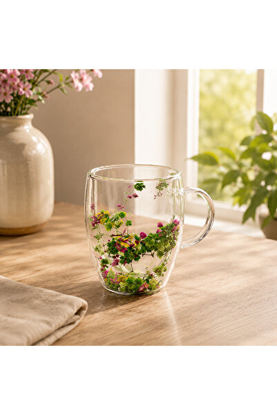 hediyeconcepti Double Glass Floral Mug – Decorative Transparent Cup