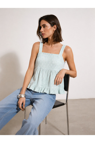 DEEP FAIR Multi-Colored Checkered Comfortable Woven Blouse with Tie-Back Deta...