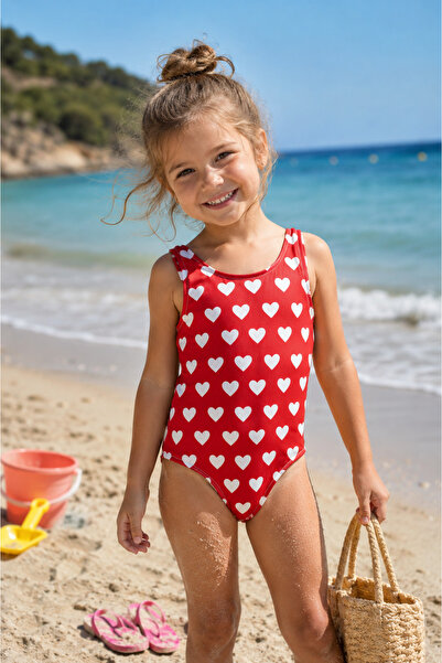 FURYATEX Costum de baie pentru fete, cu inimioare, cu model roșu și alb, pent...