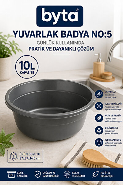 BYTA 10 L Round Plastic Basin No:5 Large Volume Multi-Purpose Durable Basin f...
