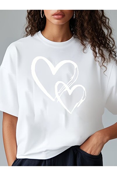 BASEPULSE Brush Heart Print Women'S Black Casual Long Tee