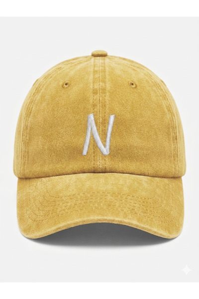 ŞapkaMania Yellow Embroidered Washable Vintage Unisex Hat with Letter N