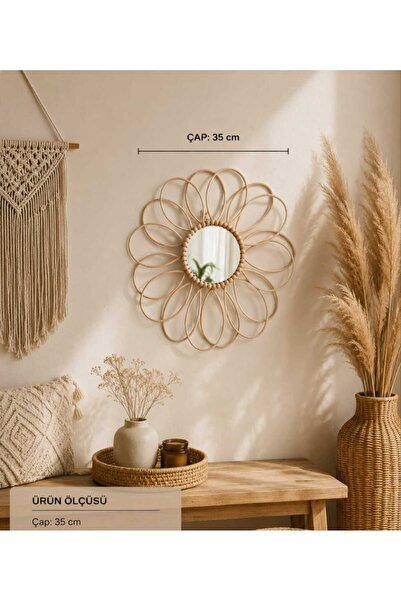 furestan home&lıvıng El Yapımı Bohem Bambu Duvar Aynası-Papatya Ayna