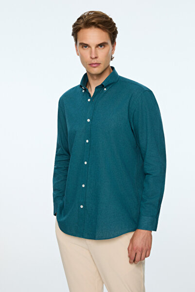 Morven Men's Petrol Blue Linen Trend Plain Regular Fit Button-Down Collar Shirt