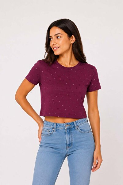 Raneel Kazançlı Alışveriş Women's Crew Neck Stoned Crop Blouse Burgundy