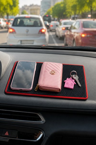 KEMBOSS Black Anti-Slip Pad on the Dashboard Phone Glasses Key Holder with Red Detail