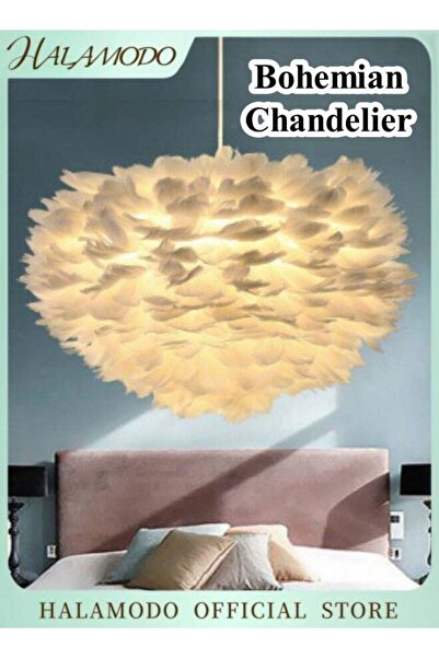 HALAMODO Chandelier Bohemian Boho Beachy Ceiling Lamp Light Romantic Feather ...
