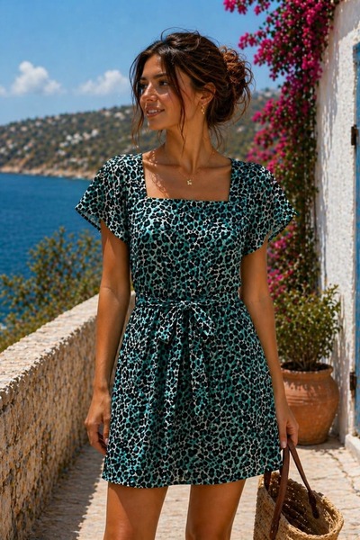 yb yağmur butik Square Collar Angel Sleeve Leopard Pattern Viscose Dress