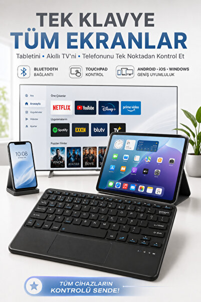 Zineets Kablosuz Şarjlı Bluetooth Klavye Mouse Touchpadli Seti Ultra Slim Tab...