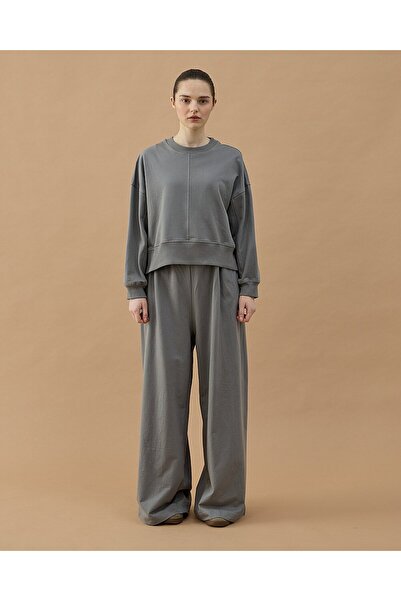 Aybikestil Cotton İki İplik Nervürlü Kesikli Dikişli Kısa Sweat Gri