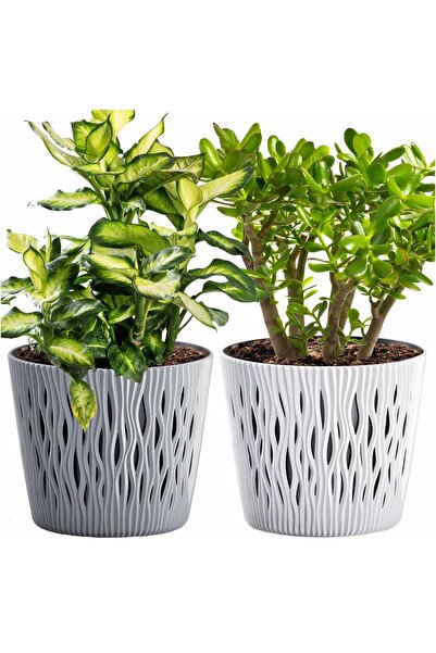 EDANTI Set de 2 ghivece rotunde pentru plante, cu capac, gri-alb
