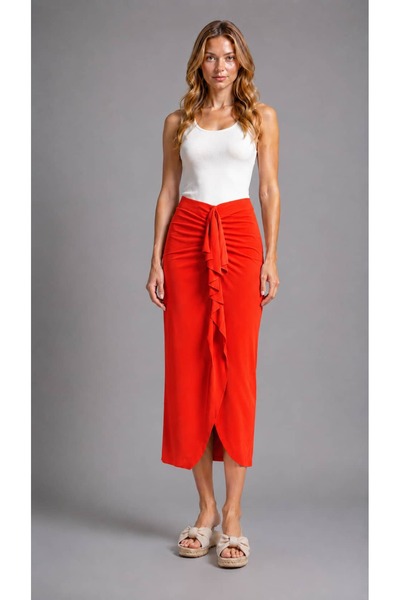 MODA Drapeli Midi Boy Kırmızı Etek